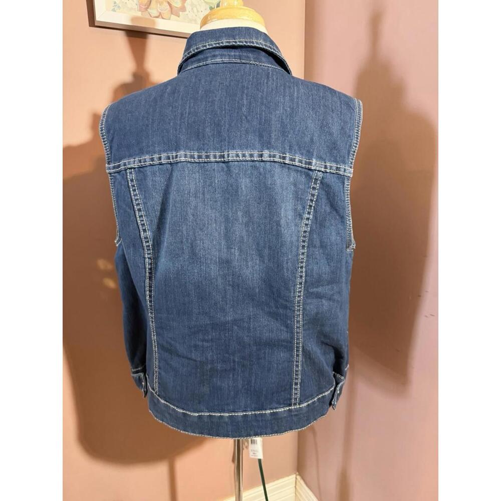 CJ Banks Denim Vest Womens X Blue Rhinestone Sleeveless Stretch Buttons Pockets - Picture 3 of 10